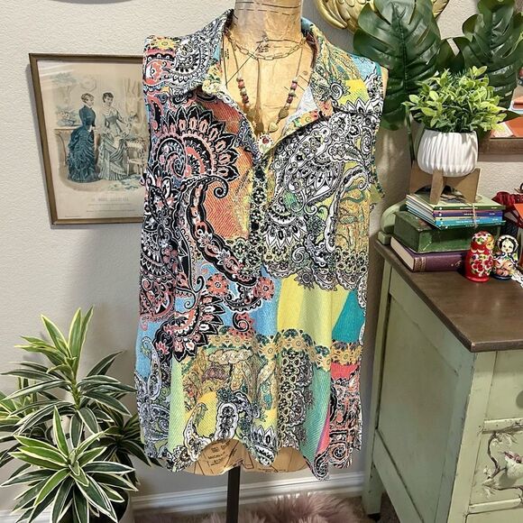 Spense NWT Blue Orange Pink Colorful Paisley Floral Stretch Sleeveless Blouse M - Picture 1 of 8